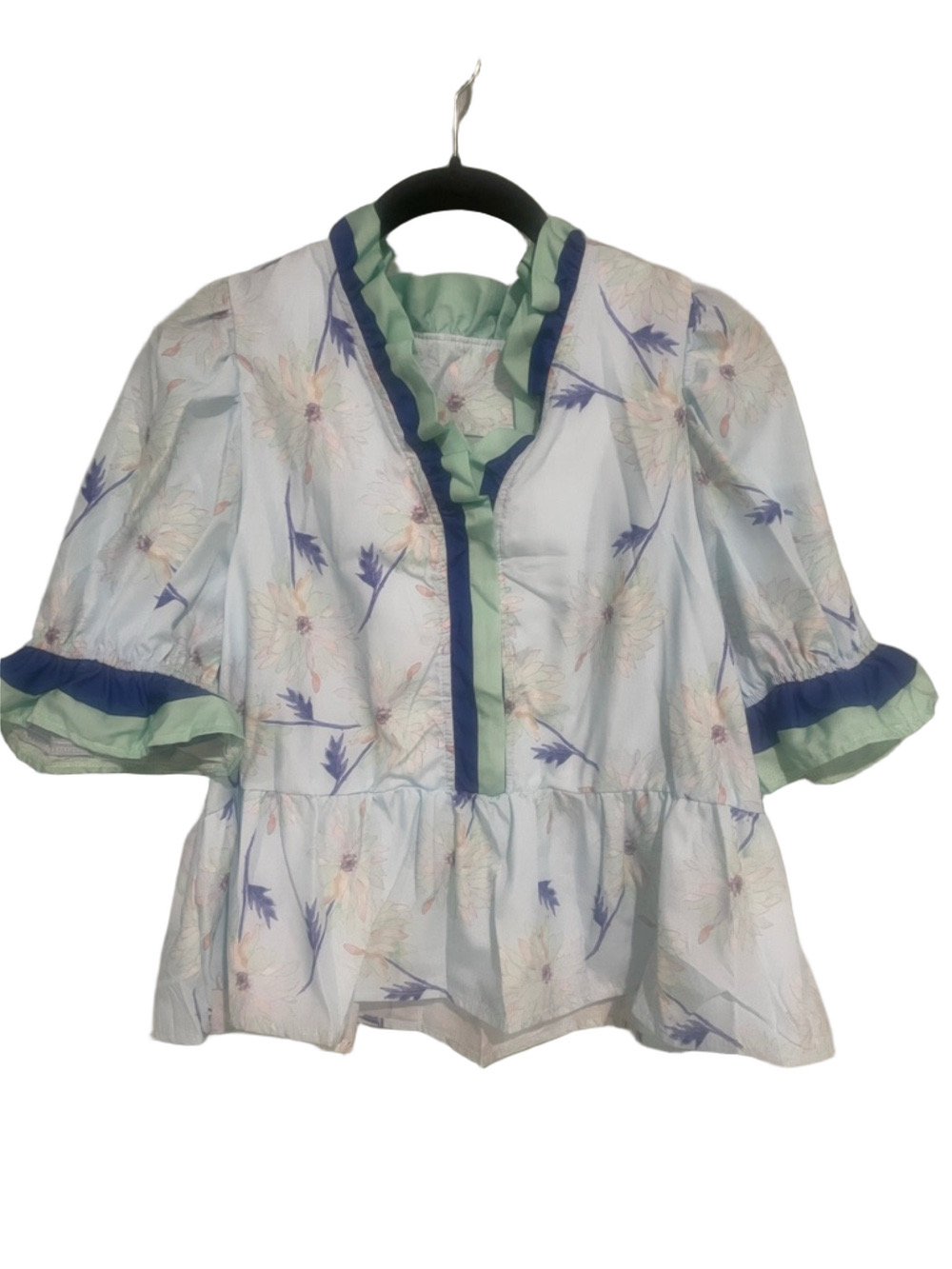 Light Blue Floral Peplum Top with Green and blue Trim